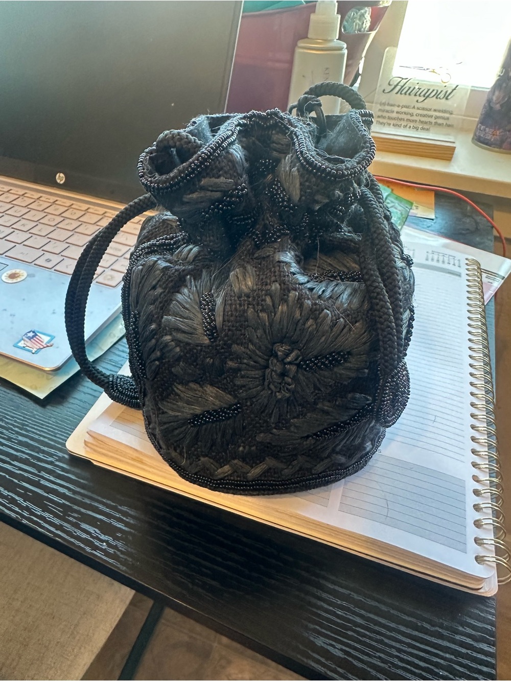 Myra Bag Black Floral Drawstring Mini Bucket